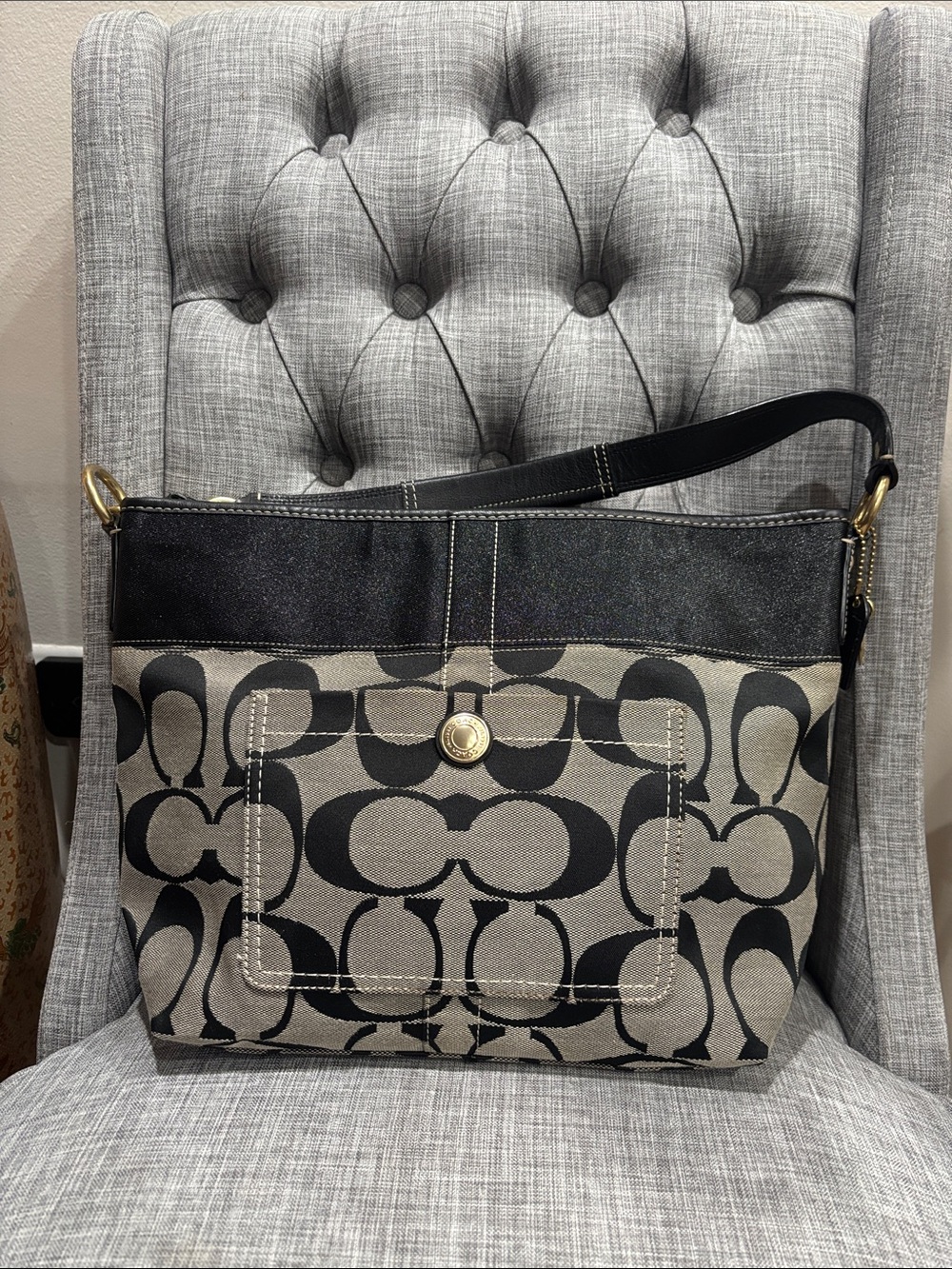 Coach Black and Tan Signature Canvas Shoulder Bag with Front Pocket